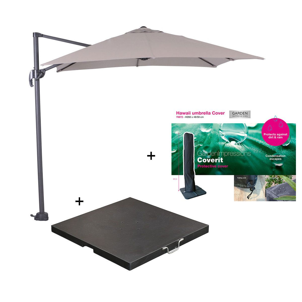 Garden Impressions parasol S 250x250 d.grijs - zand +voet en hoes
