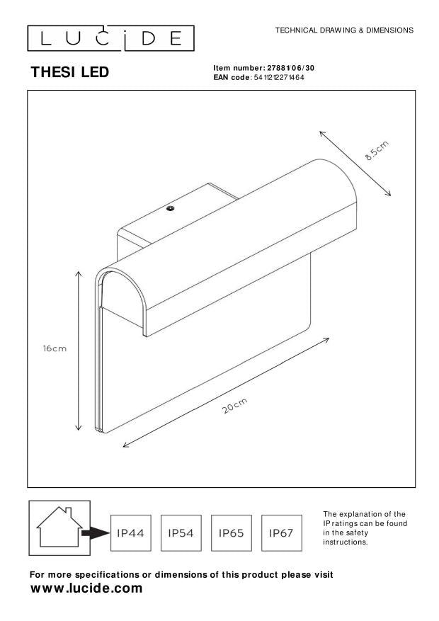 Lucide THESI LED Wandlamp - Zwart