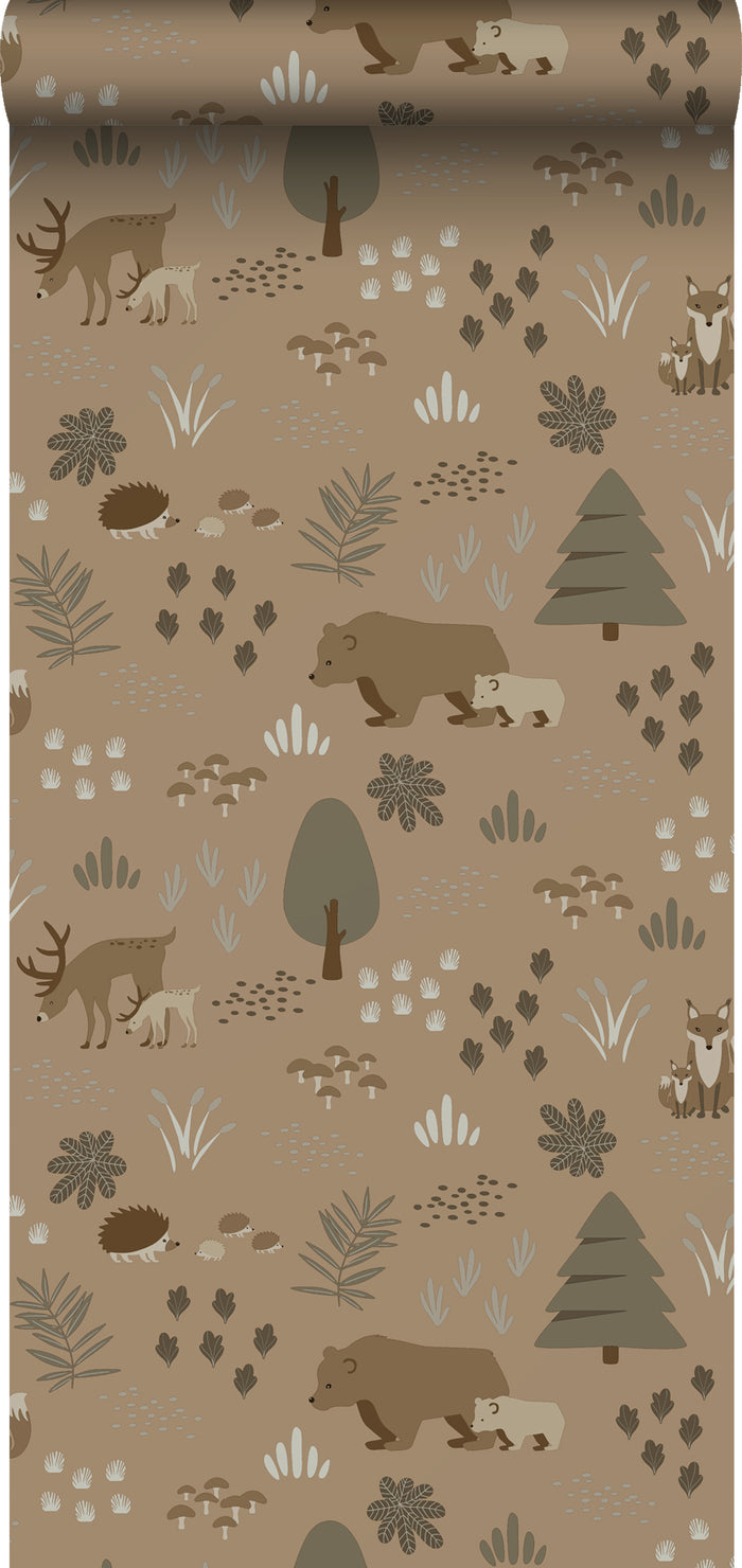 ESTAhome behang bos met bosdieren beige bruin - 0.53 x 10.05 m - 13941