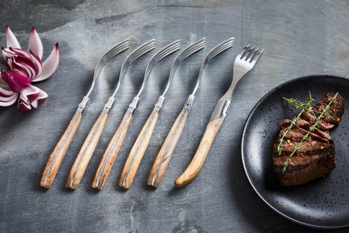 Steakvorken, Set van 6, Olijfhout|RVS, Bruin - In Luxe Giftbox - Lagui