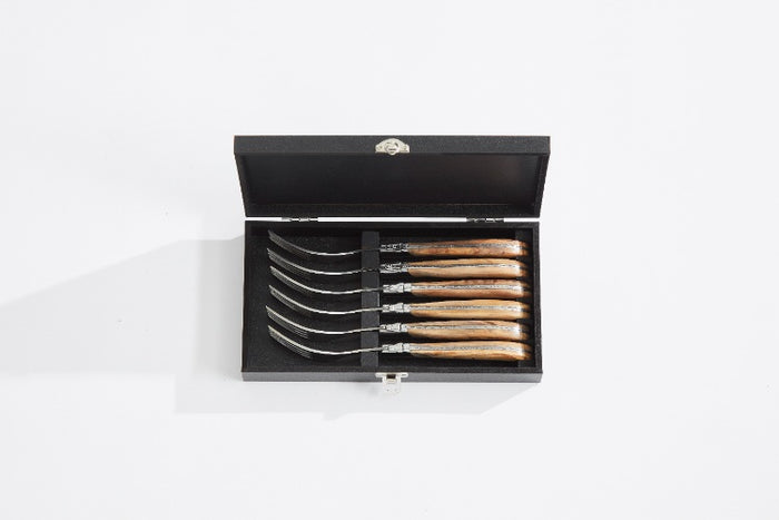 Steakvorken, Set van 6, Olijfhout|RVS, Bruin - In Luxe Giftbox - Lagui
