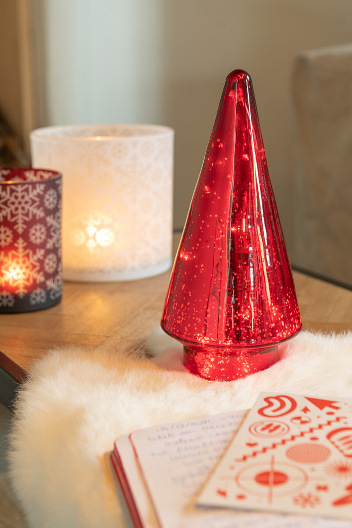 J-Line decoratie Kerstboom - glas - rood - medium - LED lichtjes