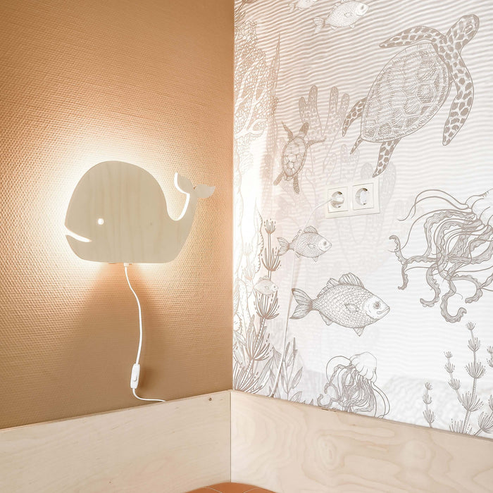 Houten wandlamp kinderkamer | Walvis - blank