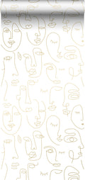 ESTAhome behang line art gezichten wit en glanzend goud - 0,53 x 10,05