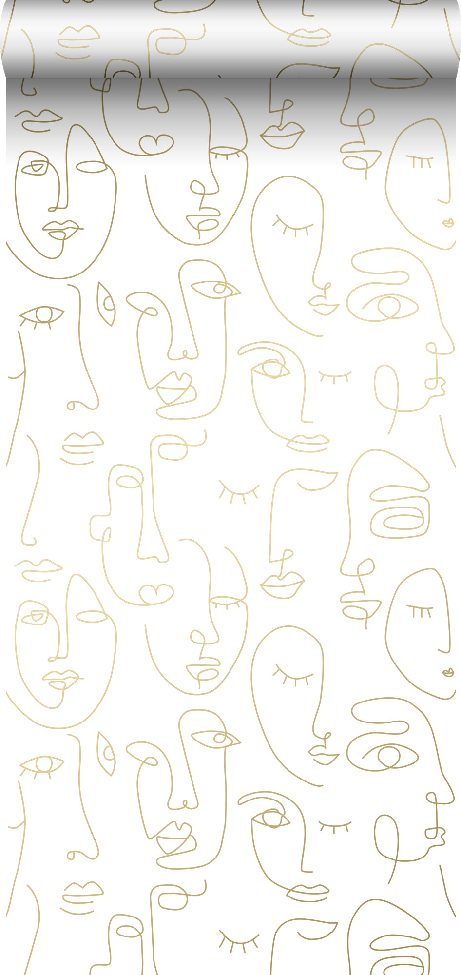 ESTAhome behang line art gezichten wit en glanzend goud - 0,53 x 10,05