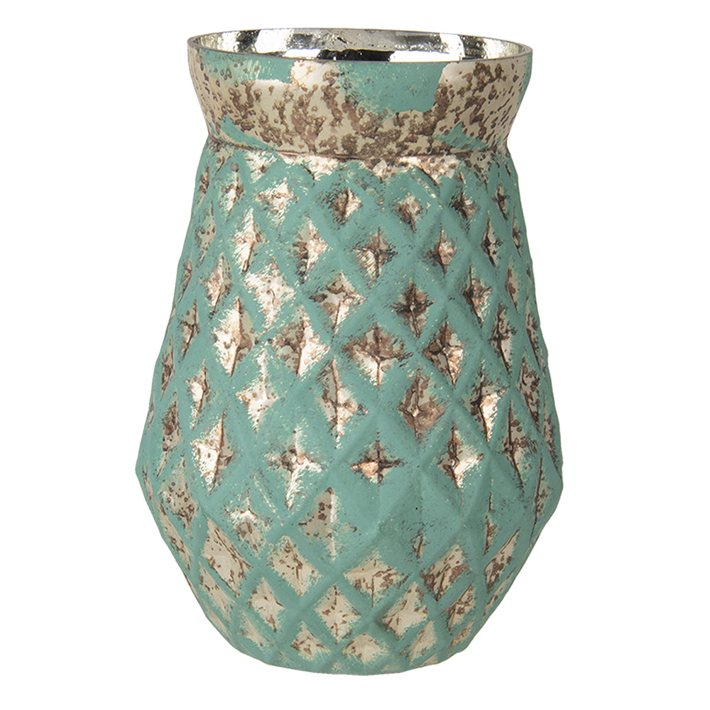 Clayre & Eef Vaas Ø 18x23 cm Turquoise Glas Rond Glazen Vaas Decoratie