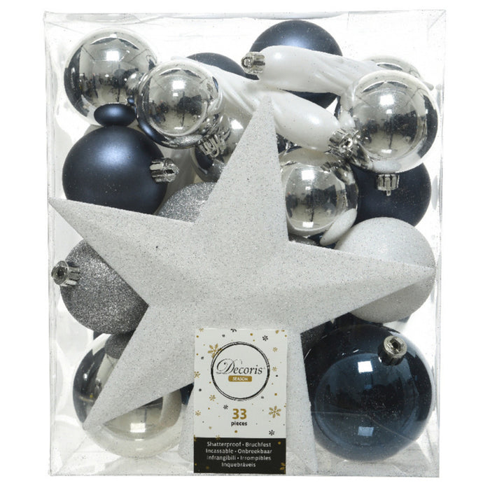 Decoris kerstballen - 34-dlg - blauw|wit|zilver - kunststof