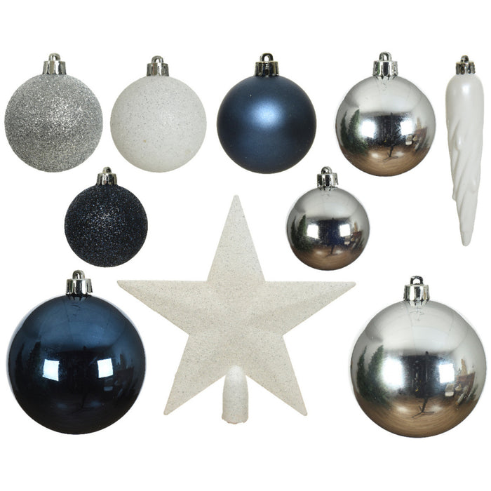 Decoris kerstballen - 34-dlg - blauw|wit|zilver - kunststof