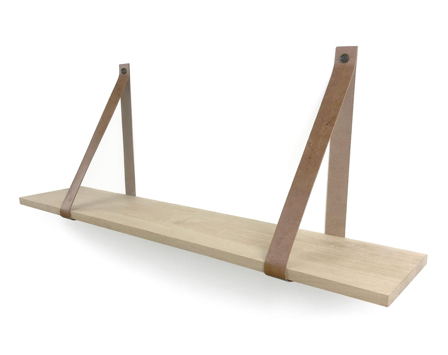 Woodbrothers Eiken 18mm wandplank recht 120x30cm + leren riem cognac