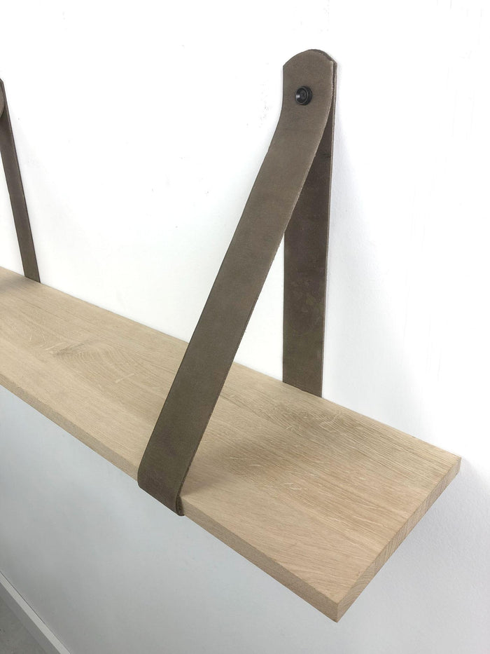 Woodbrothers Eiken 18mm wandplank recht 60x30cm + leren riem bruin