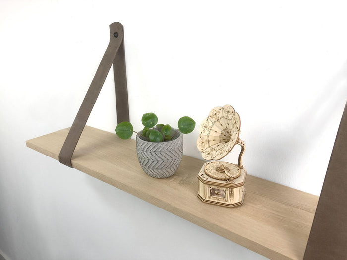 Woodbrothers Eiken 18mm wandplank recht 60x30cm + leren riem bruin