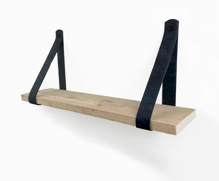 Woodbrothers Steigerhout wandplank 50x20cm + leren riem zwart