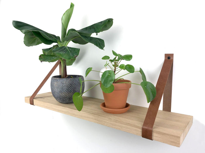 Woodbrothers Eiken wandplank massief recht 100x25cm + leren riem bruin