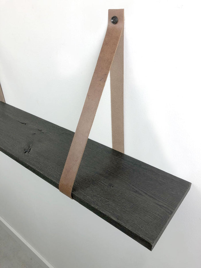 Woodbrothers 18mm wandplank recht zwart 75x20cm + leren riem cognac