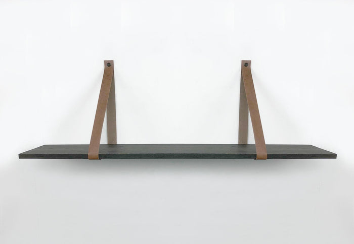 Woodbrothers 18mm wandplank recht zwart 75x20cm + leren riem cognac