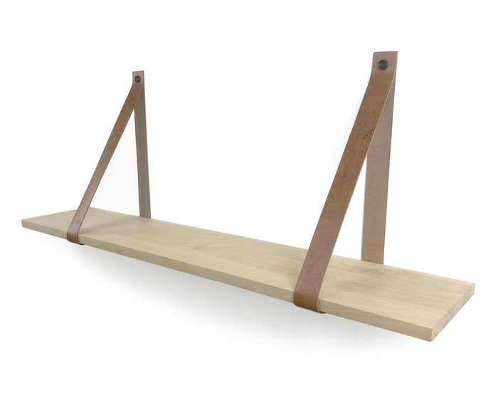 Woodbrothers Eiken 18mm wandplank recht 150x30cm + leren riem cognac