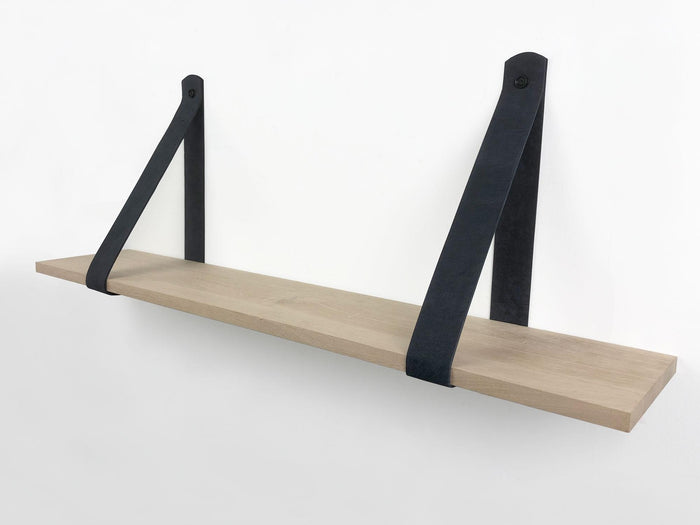 Woodbrothers Eiken 18mm wandplank recht 140x30cm + leren riem zwart