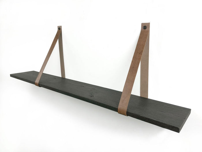 Woodbrothers 18mm wandplank recht zwart 90x20cm + leren riem cognac
