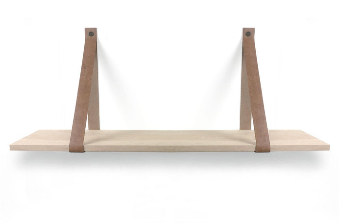 Woodbrothers Eiken 18mm wandplank recht 110x20cm + leren riem cognac