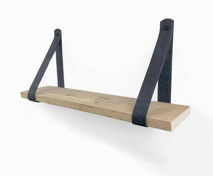 Woodbrothers Steigerhout wandplank 80x20cm + leren riem antraciet
