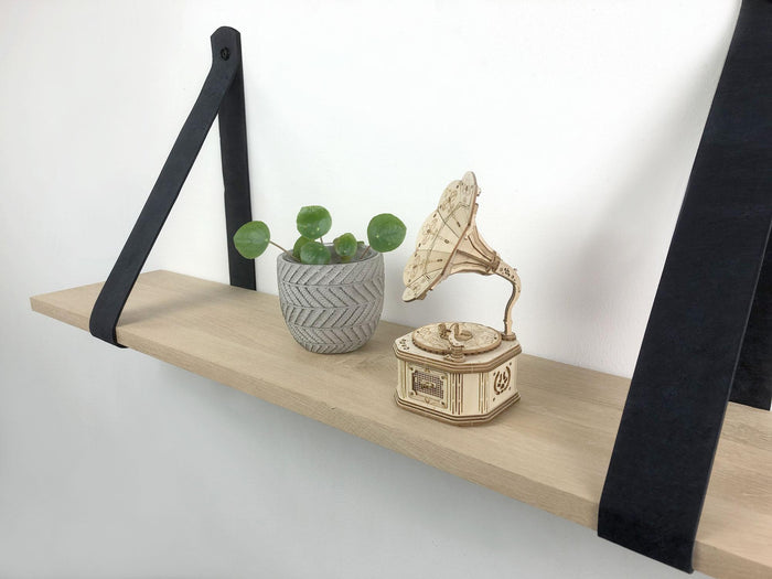 Woodbrothers Eiken 18mm wandplank recht 75x20cm + leren riem zwart