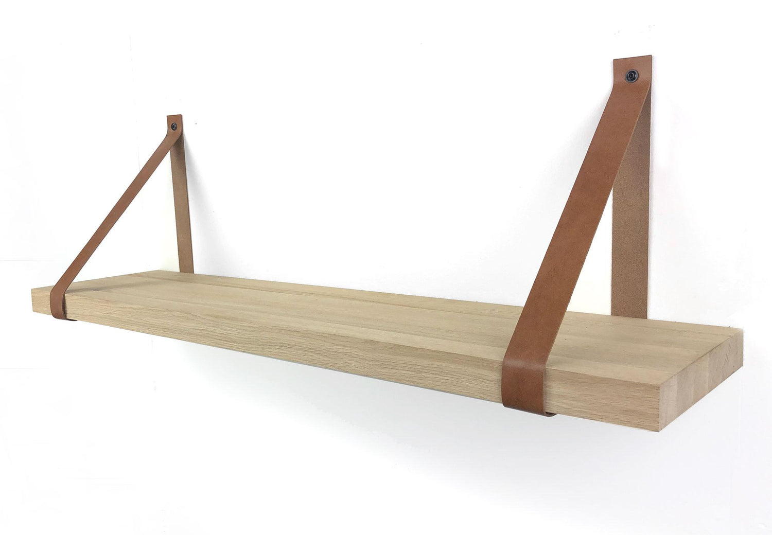 Woodbrothers Eiken wandplank massief recht 60x25cm + leren riem bruin