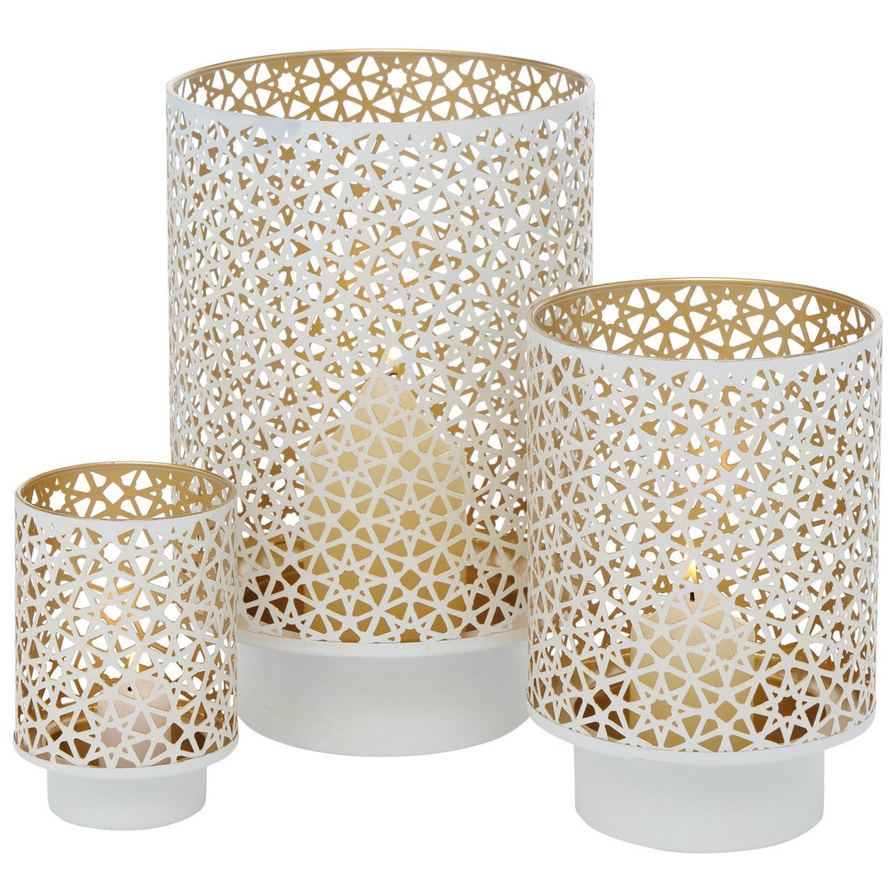 Deco by Boltze Windlichten - 3 stuks - metaal - wit met goudkleurig