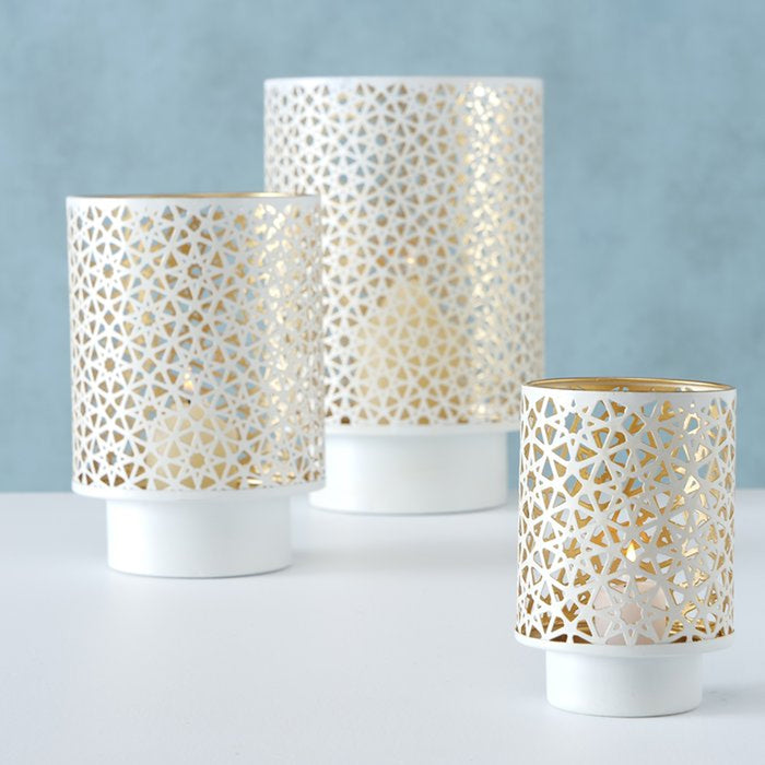 Deco by Boltze Windlichten - 3 stuks - metaal - wit met goudkleurig