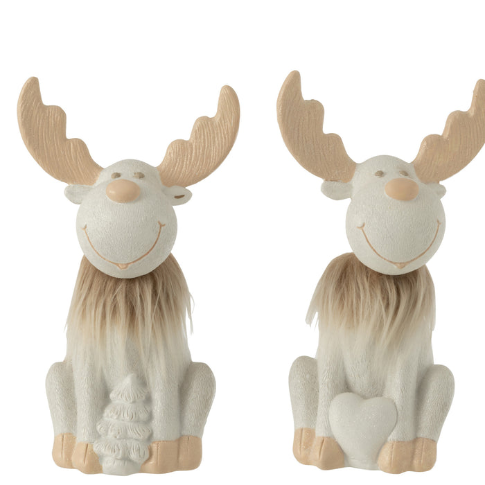 J-Line kerstfiguren Hertjes - ski zittend - polyresin - wit|beige - large - 2 stuks
