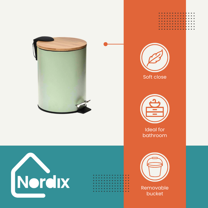 Nordix Pedaalemmer Prullenbak Groen 3 Liter Bamboe en metaal