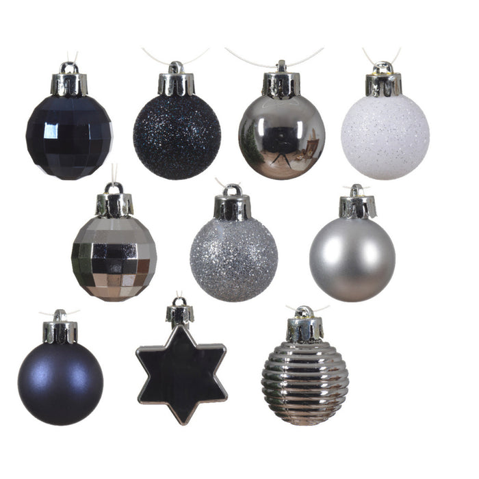 Decoris Kerstballen - 30st - kunststof - donkerblauw-wit-zilver - 3cm