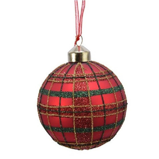 Decoris Kerstbal - rood - 3 stuks - ruit en glitters - glas - 8cm