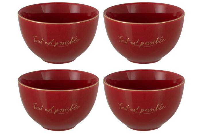 J-Line kom 'Tout Est Possible' - porselein - rood|goud - small - 4 stuks