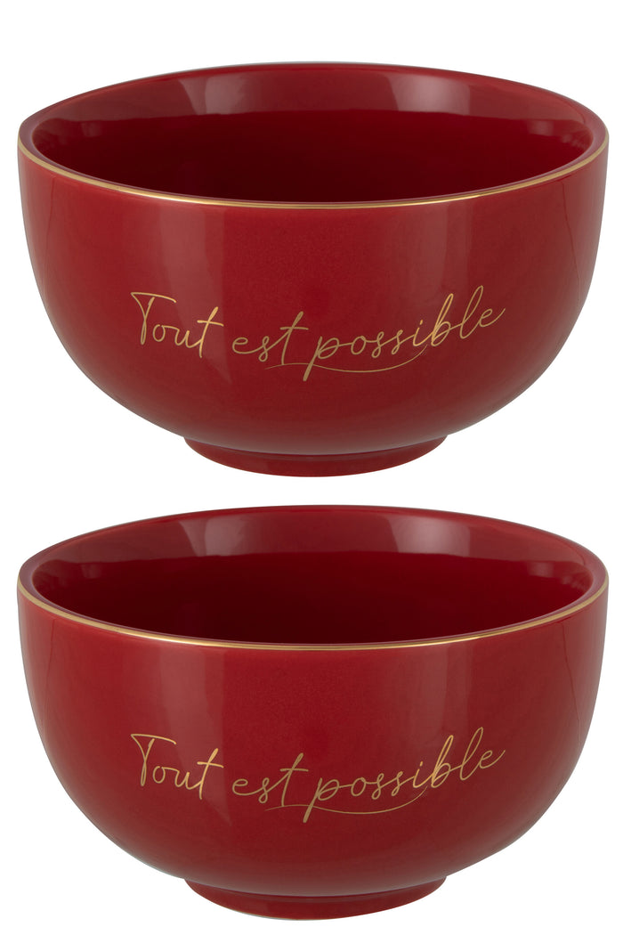 J-Line kom 'Tout Est Possible' - porselein - rood|goud - large - 2 stuks