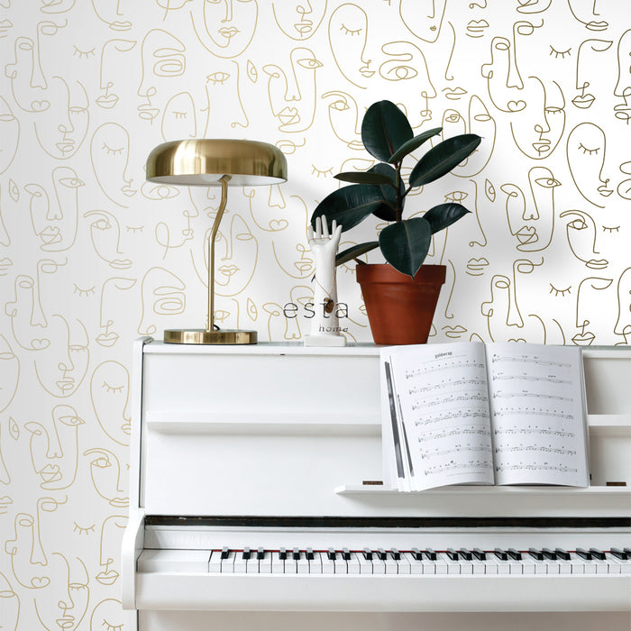 ESTAhome behang line art gezichten wit en glanzend goud - 0,53 x 10,05
