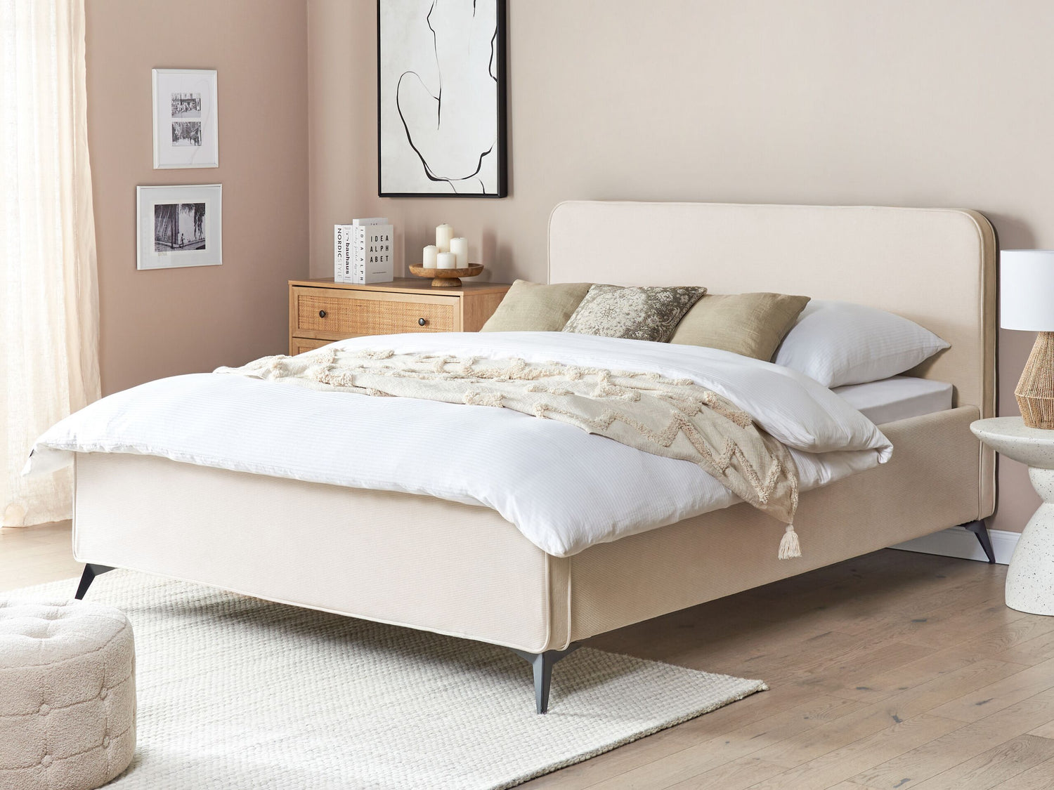 Beliani-VALOGNES-Tweepersoonsbed-Lichtbeige-160 x 200 cm-Corduroy