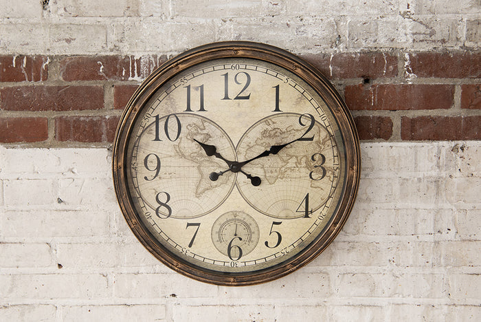 Clayre & Eef Wandklok Ø 50x5 cm Bruin Beige Kunststof Wereldkaart