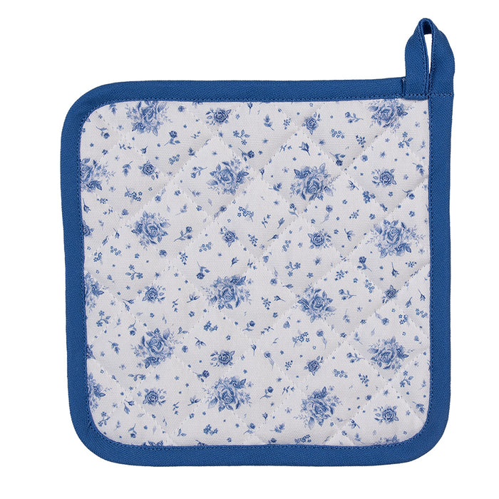 Clayre & Eef Pannenlap 20x20 cm Wit Blauw Katoen Roosjes