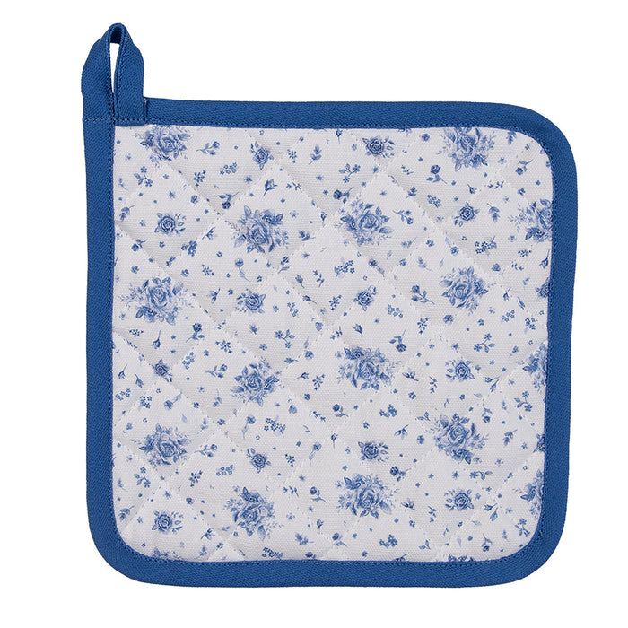 Clayre & Eef Pannenlap 20x20 cm Wit Blauw Katoen Roosjes