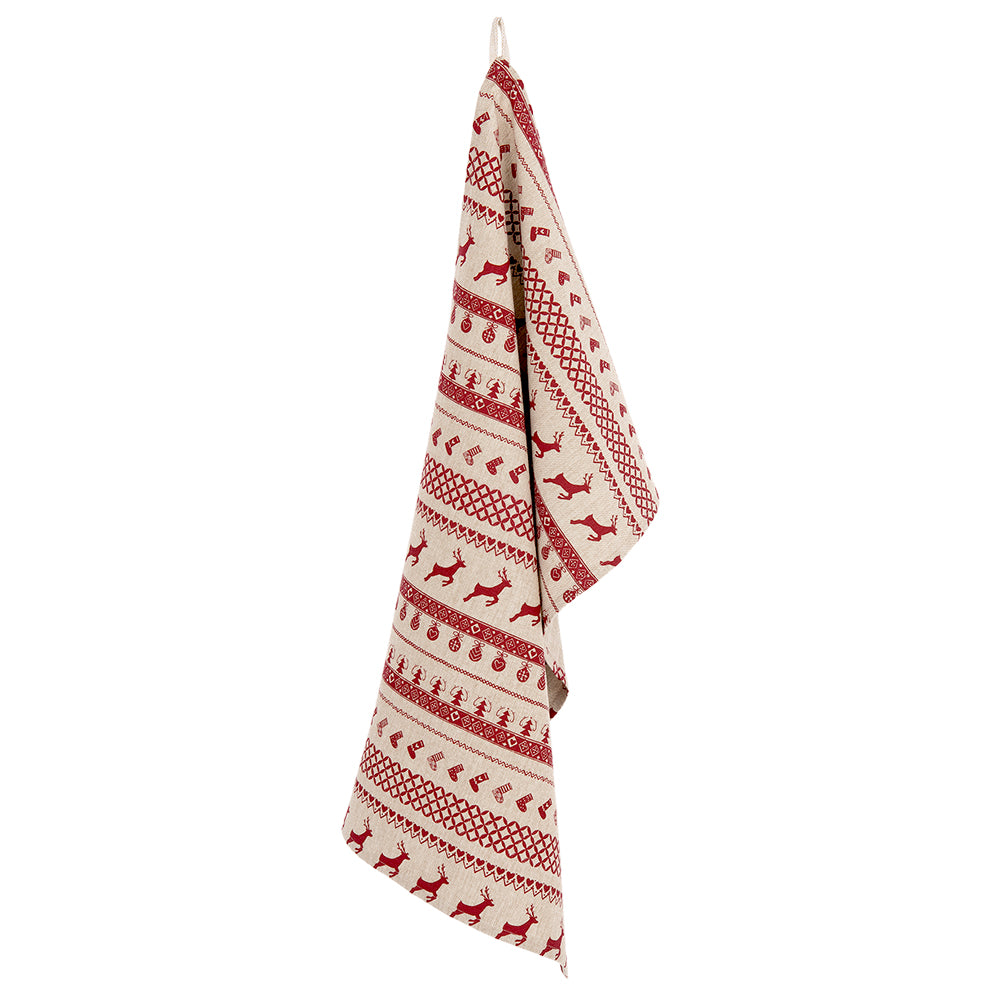 Clayre & Eef Theedoek 50x85 cm Rood Beige Katoen Kerst