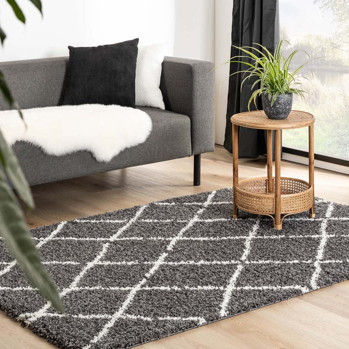 Boho&me Hoogpolig vloerkleed ruiten Habitat - grijs|wit - 200x300 cm