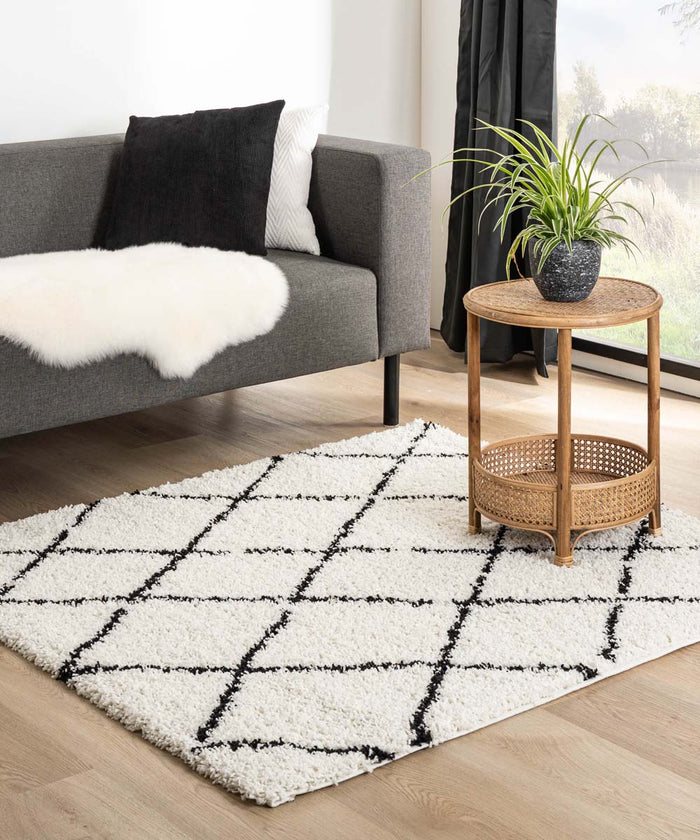 Boho&me Vierkant hoogpolig vloerkleed ruiten Habitat - wit|zwart -