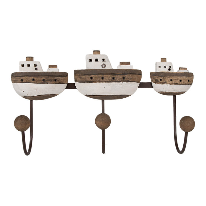 Clayre & Eef Wandkapstok 3 Haken Boot 38x10x20 cm Wit Bruin Hout IJzer