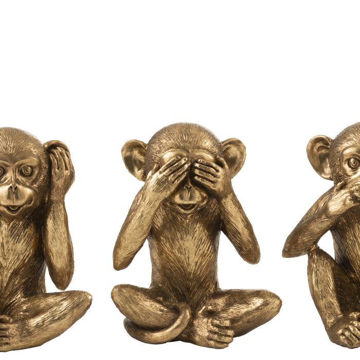 J-Line figuur Aap Horen|Zien|Zwijgen- polyresin - antiek goud - 3 stuks