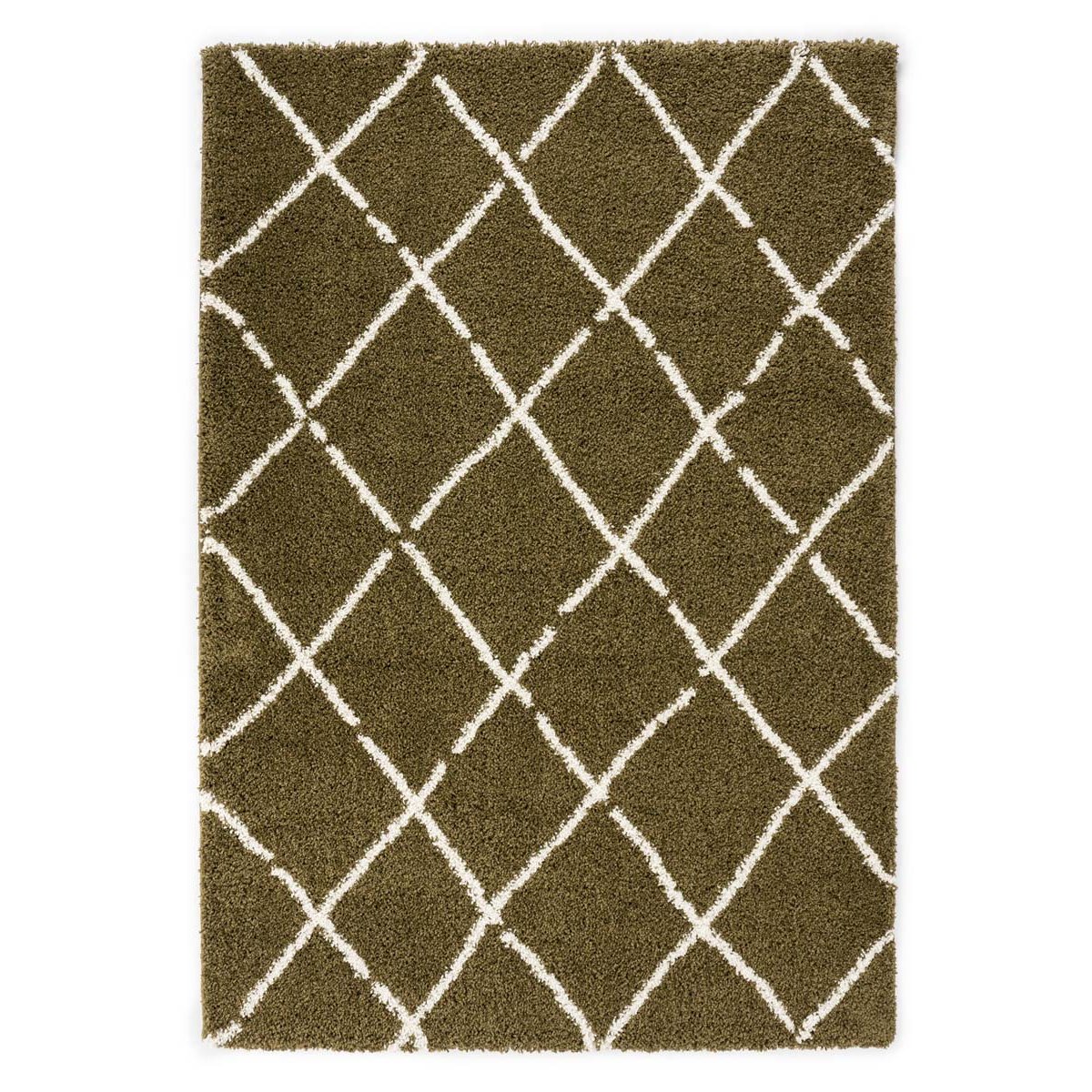 Boho&me Hoogpolig vloerkleed ruiten Artisan - olijfgroen|wit - 200x300