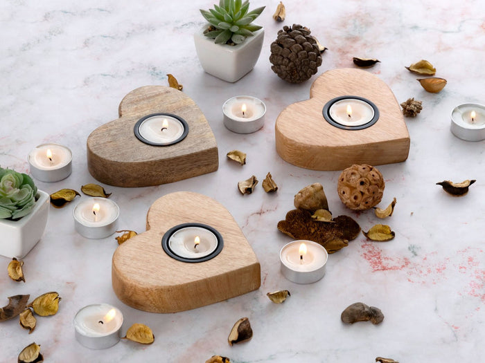 SVJ Windlicht - 11x12x3 cm - Hout - Naturel - Set van 3