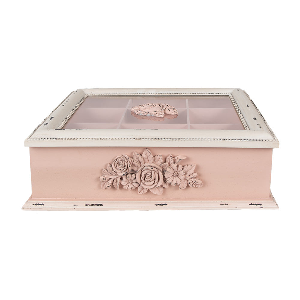 Clayre & Eef Theedoos 9 Vakken 32x26x9 cm Roze MDF Bloemen