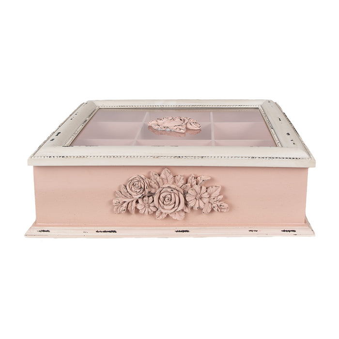 Clayre & Eef Theedoos 9 Vakken 32x26x9 cm Roze MDF Bloemen