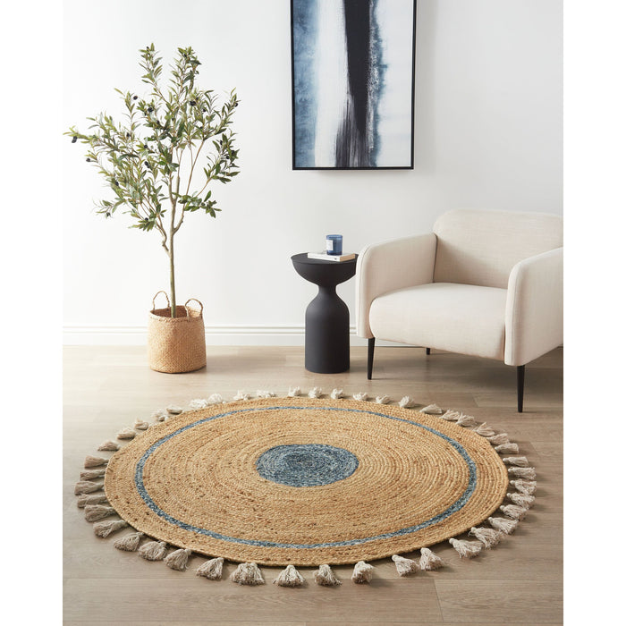 Beliani - OBAKOY - Laagpolig vloerkleed - Beige|Blauw - 140 cm - Jute