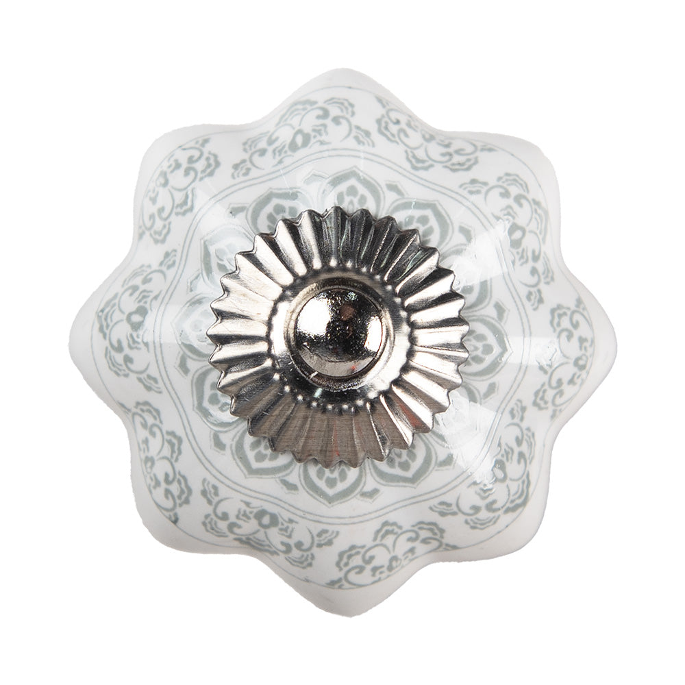 Clayre & Eef Deurknop Ø 4.5 cm Wit Grijs Keramiek Bloemen